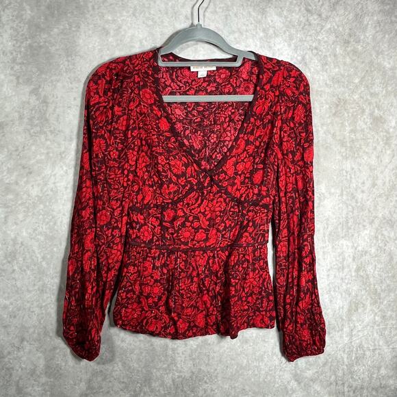 Knox Rose Blouse Womens XS Red Floral Long Sleeves V-Neck Boho 90s Retro Y2K - Picture 1 of 9
